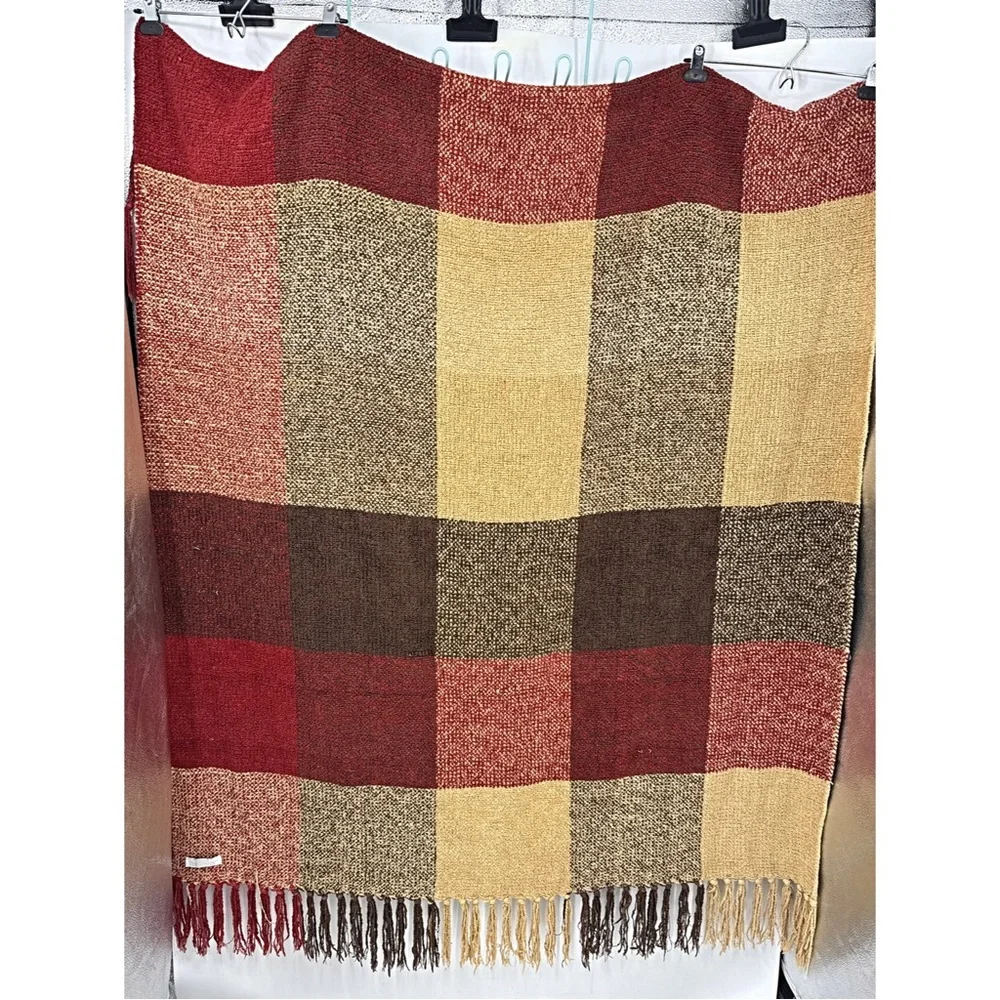 Restoration Hardware Large Chenille Fringed Plaid Throw/blanket 77 x 50”